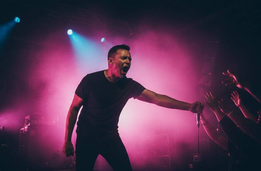 Dynamic photo of a lead singer bathed in dramatic stage lighting, mid-performance, capturing raw energy at a Hallam live gig. The crowd is a blur of motion in the background, highlighting the intense connection between artist and audience.