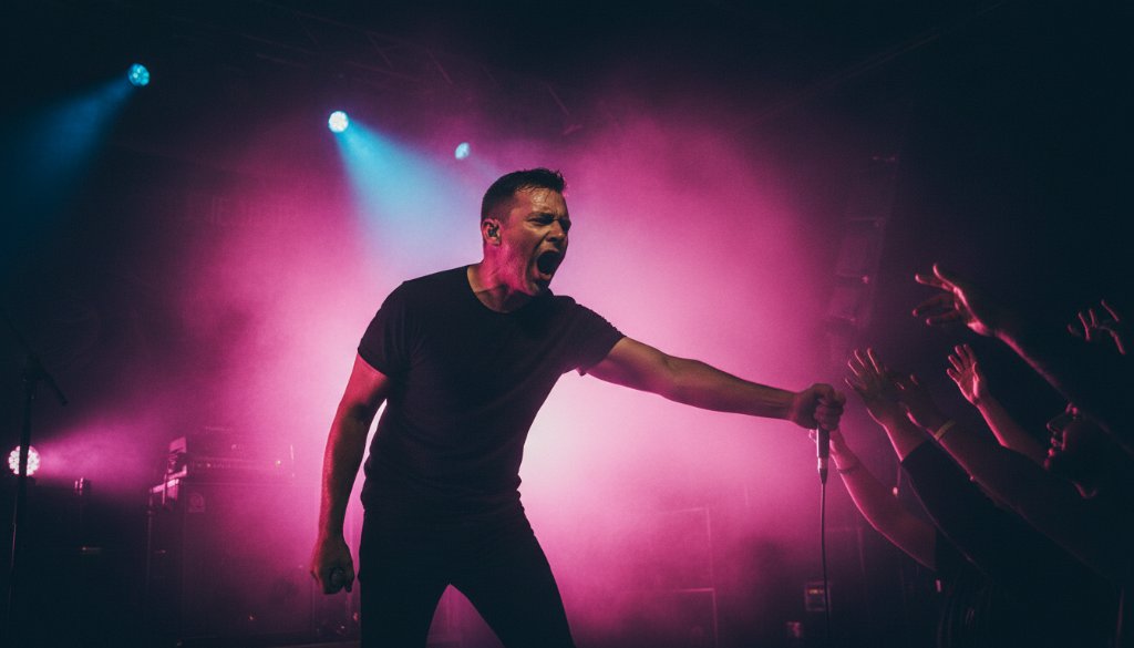 Dynamic photo of a lead singer bathed in dramatic stage lighting, mid-performance, capturing raw energy at a Hallam live gig. The crowd is a blur of motion in the background, highlighting the intense connection between artist and audience.