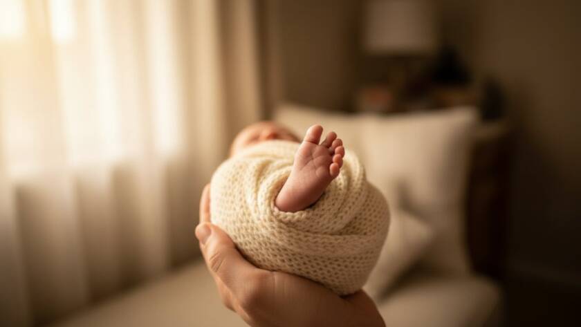 A breathtaking close-up of a sleeping newborn baby's tiny hand gently gripping a parent's finger, bathed in soft, ethereal natural light, embodying Hallam newborn photography delicate moments Victoria, with dramatic, warm tones.