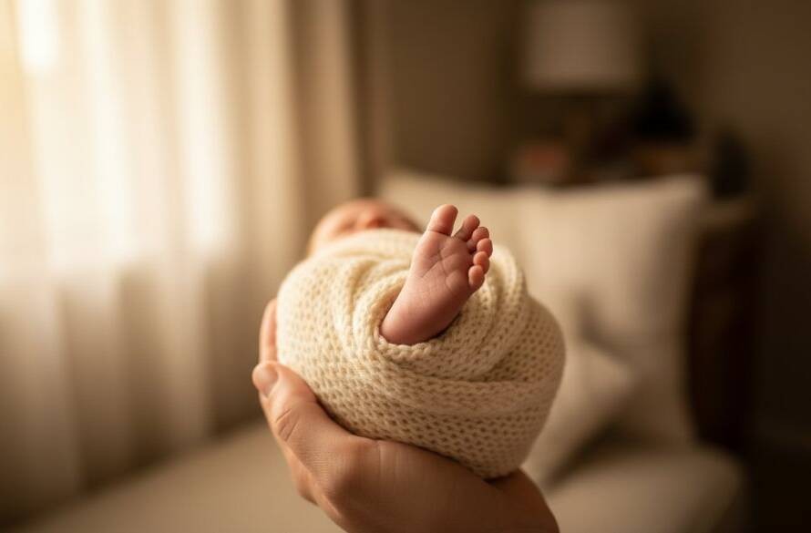 A breathtaking close-up of a sleeping newborn baby's tiny hand gently gripping a parent's finger, bathed in soft, ethereal natural light, embodying Hallam newborn photography delicate moments Victoria, with dramatic, warm tones.
