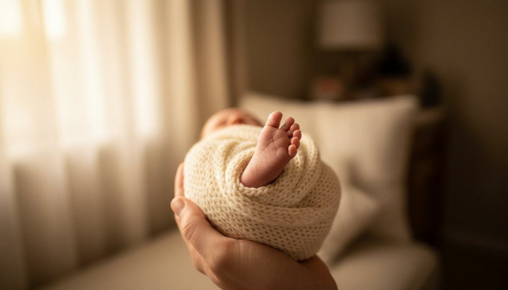 A breathtaking close-up of a sleeping newborn baby's tiny hand gently gripping a parent's finger, bathed in soft, ethereal natural light, embodying Hallam newborn photography delicate moments Victoria, with dramatic, warm tones.