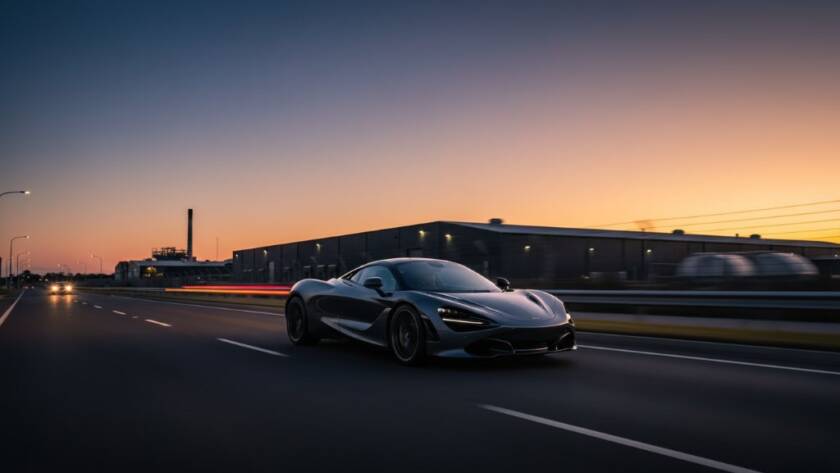 A powerful red sports car captured by Hallam Performance Car Photography Experts, roaring down a Hallam road at sunset, tires slightly blurred, showing speed and dramatic light.