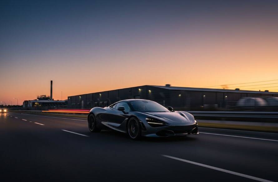 A powerful red sports car captured by Hallam Performance Car Photography Experts, roaring down a Hallam road at sunset, tires slightly blurred, showing speed and dramatic light.