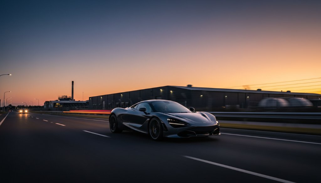 A powerful red sports car captured by Hallam Performance Car Photography Experts, roaring down a Hallam road at sunset, tires slightly blurred, showing speed and dramatic light.