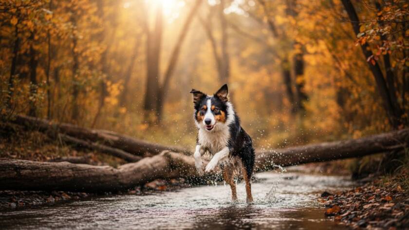 An epic moment captured in Hallam professional pet photography, showing a golden retriever leaping gracefully through sun-dappled autumn leaves in a local park, with dramatic backlighting and a joyful expression.