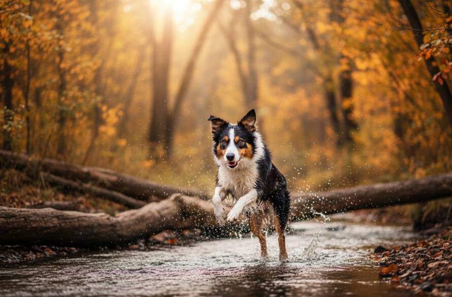 An epic moment captured in Hallam professional pet photography, showing a golden retriever leaping gracefully through sun-dappled autumn leaves in a local park, with dramatic backlighting and a joyful expression.