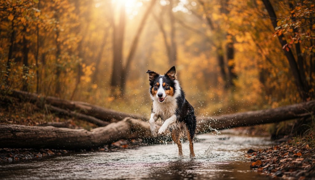 An epic moment captured in Hallam professional pet photography, showing a golden retriever leaping gracefully through sun-dappled autumn leaves in a local park, with dramatic backlighting and a joyful expression.