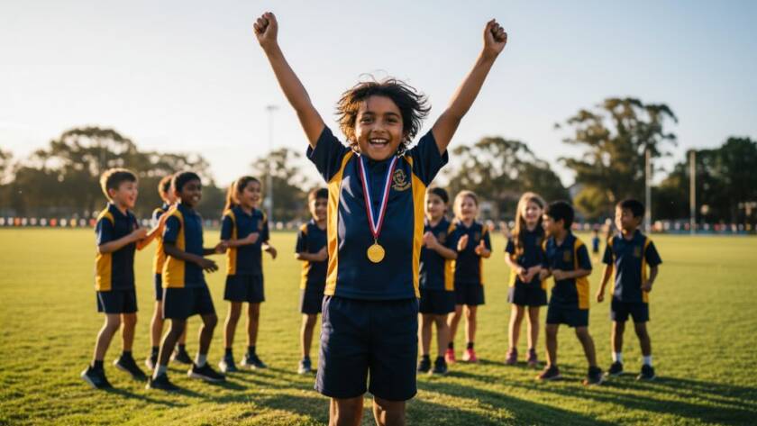 A vibrant, dramatic close-up photograph of a beaming primary school student in Hallam, Victoria, wearing a graduation cap and gown, joyfully throwing it into the air against a slightly blurred background of their excited peers and school grounds, captured with professional lighting and rich, celebratory colour grading, embodying the spirit of Hallam school photography capturing student milestones.