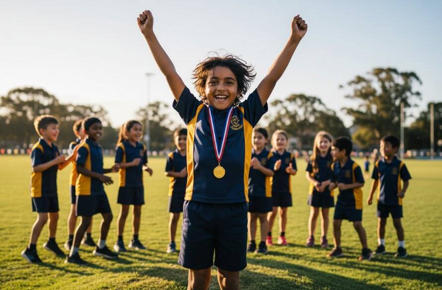 A vibrant, dramatic close-up photograph of a beaming primary school student in Hallam, Victoria, wearing a graduation cap and gown, joyfully throwing it into the air against a slightly blurred background of their excited peers and school grounds, captured with professional lighting and rich, celebratory colour grading, embodying the spirit of Hallam school photography capturing student milestones.