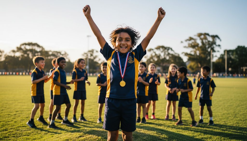 A vibrant, dramatic close-up photograph of a beaming primary school student in Hallam, Victoria, wearing a graduation cap and gown, joyfully throwing it into the air against a slightly blurred background of their excited peers and school grounds, captured with professional lighting and rich, celebratory colour grading, embodying the spirit of Hallam school photography capturing student milestones.
