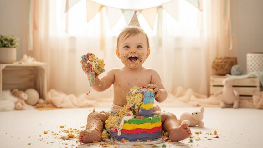A joyous baby in Hallam Victoria cake smash photography one year milestone, covered in vibrant cake, laughing exuberantly amidst a beautifully styled backdrop, captured with dramatic lighting.