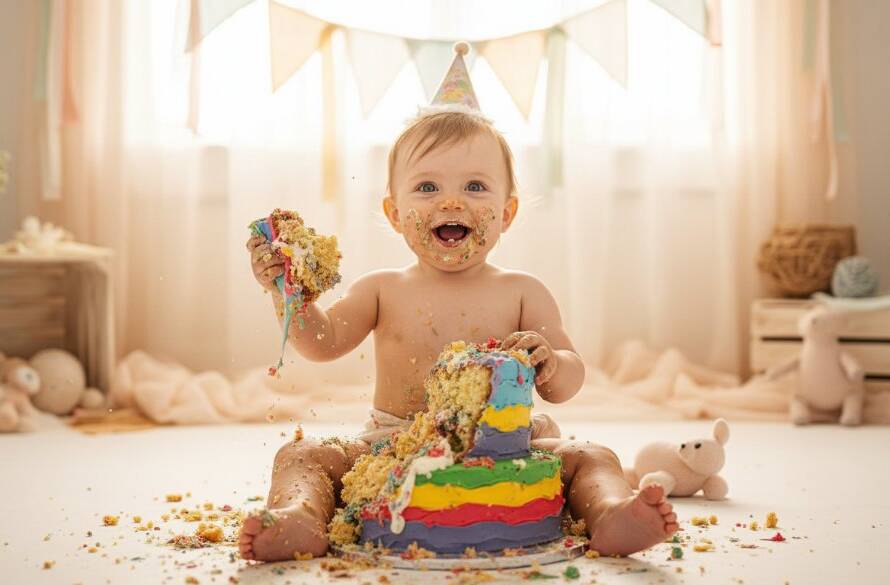 A joyous baby in Hallam Victoria cake smash photography one year milestone, covered in vibrant cake, laughing exuberantly amidst a beautifully styled backdrop, captured with dramatic lighting.