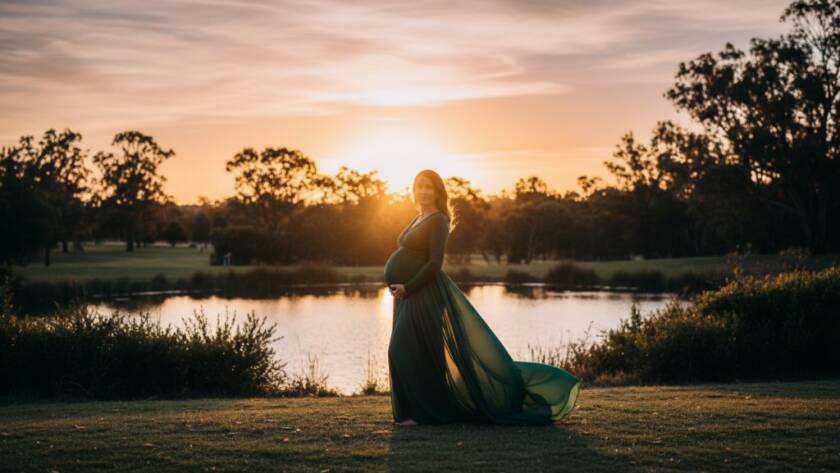A breathtaking outdoor Hallam Victoria elegant maternity photoshoot capturing a pregnant woman in a flowing gown at sunset, silhouetted against a golden sky in a serene Hallam park, embodying an epic moment of anticipation and grace.