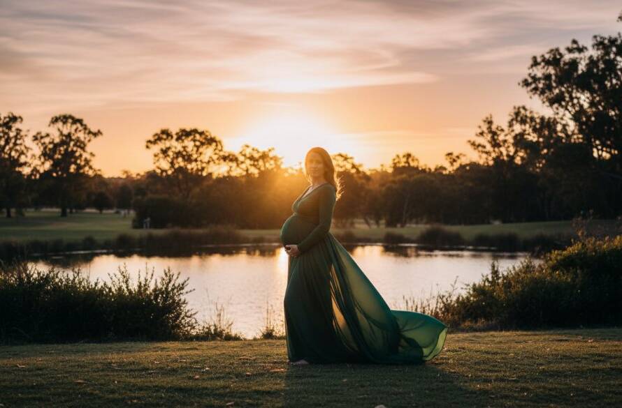 A breathtaking outdoor Hallam Victoria elegant maternity photoshoot capturing a pregnant woman in a flowing gown at sunset, silhouetted against a golden sky in a serene Hallam park, embodying an epic moment of anticipation and grace.