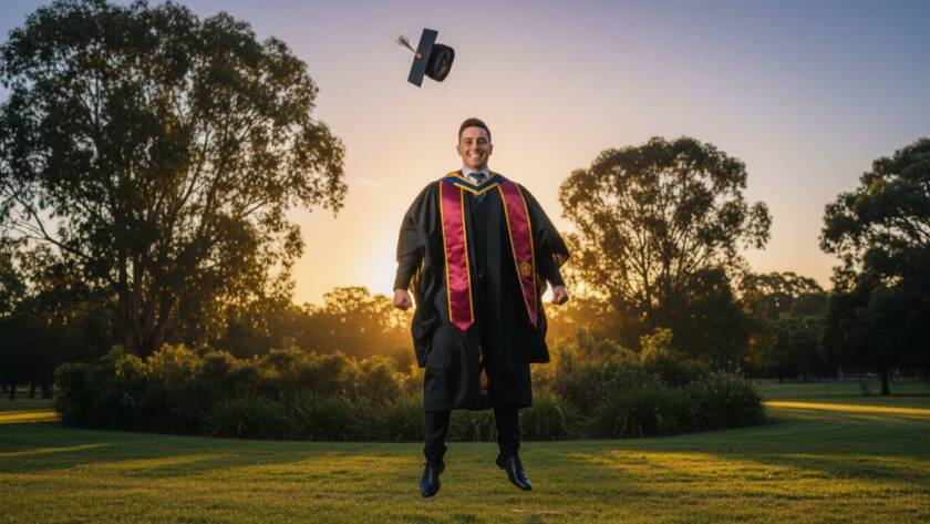 A jubilant graduate in their cap and gown, framed by the late afternoon sun over a Hallam park, celebrating their achievement. This epic moment captures the essence of Hallam Victoria graduation photography capturing unforgettable moments.
