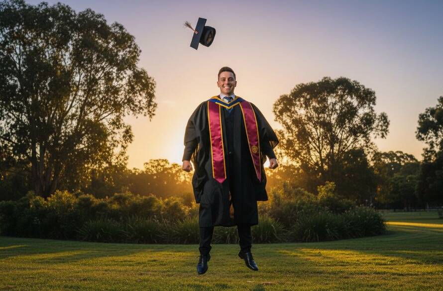 A jubilant graduate in their cap and gown, framed by the late afternoon sun over a Hallam park, celebrating their achievement. This epic moment captures the essence of Hallam Victoria graduation photography capturing unforgettable moments.