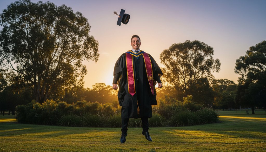 A jubilant graduate in their cap and gown, framed by the late afternoon sun over a Hallam park, celebrating their achievement. This epic moment captures the essence of Hallam Victoria graduation photography capturing unforgettable moments.