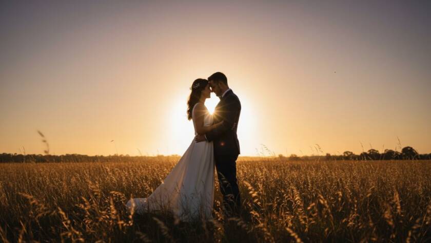 A golden hour portrait capturing a newly married couple in Hallam Victoria intimate wedding photography, sharing a tender kiss amidst lush, soft-focused greenery, radiating joy and romance.