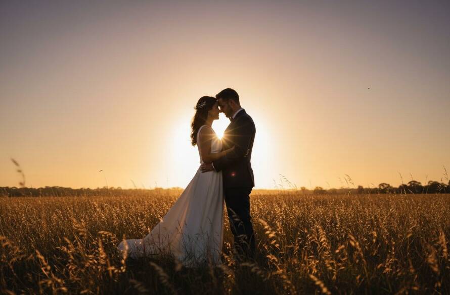 A golden hour portrait capturing a newly married couple in Hallam Victoria intimate wedding photography, sharing a tender kiss amidst lush, soft-focused greenery, radiating joy and romance.