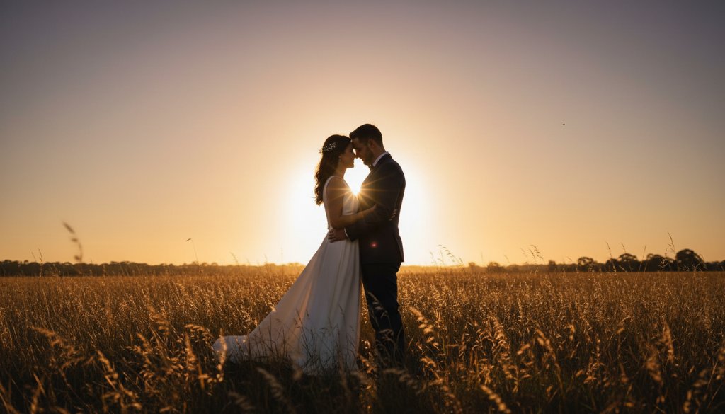 A golden hour portrait capturing a newly married couple in Hallam Victoria intimate wedding photography, sharing a tender kiss amidst lush, soft-focused greenery, radiating joy and romance.