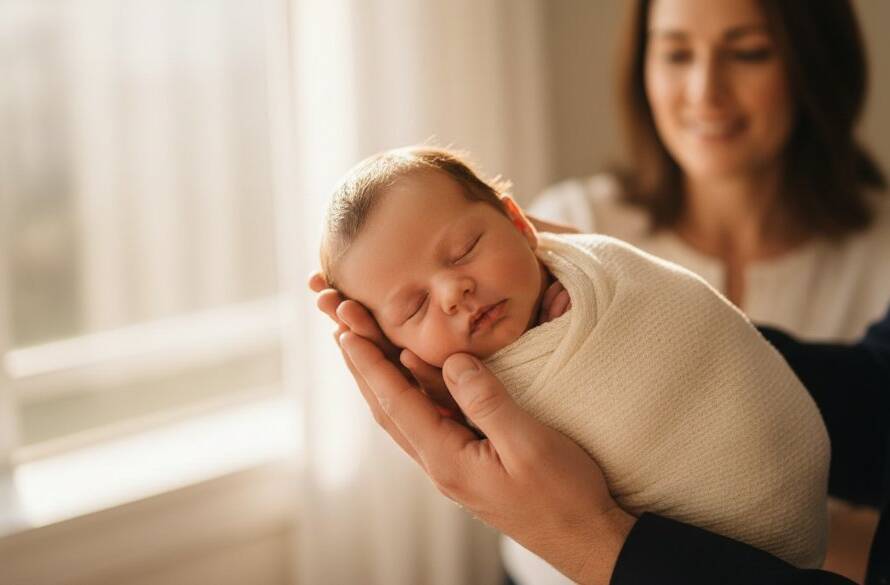 Hallam Victoria newborn photography cherished first portraits featuring a sleeping baby nestled peacefully in a soft, ethereal wrap, with parents' hands gently cradling, bathed in dramatic, soft golden hour light filtering through a window, creating a serene and artistic family portrait moment.
