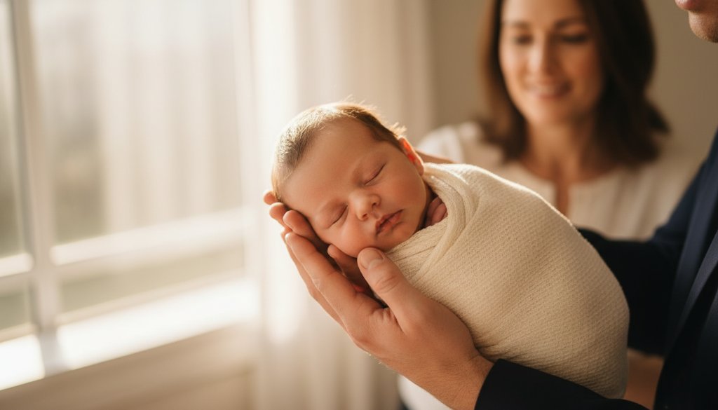 Hallam Victoria newborn photography cherished first portraits featuring a sleeping baby nestled peacefully in a soft, ethereal wrap, with parents' hands gently cradling, bathed in dramatic, soft golden hour light filtering through a window, creating a serene and artistic family portrait moment.