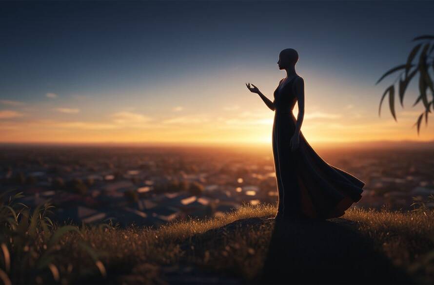 An epic, dramatic fine art portrait from Hallam's unique fine art portrait photography portfolio, featuring a subject silhouetted against a breathtaking Hallam sunset, capturing profound emotion with professional lighting and rich colour grading.