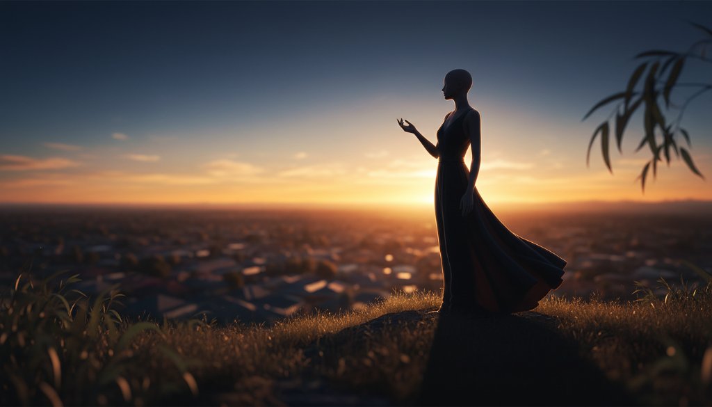 An epic, dramatic fine art portrait from Hallam's unique fine art portrait photography portfolio, featuring a subject silhouetted against a breathtaking Hallam sunset, capturing profound emotion with professional lighting and rich colour grading.