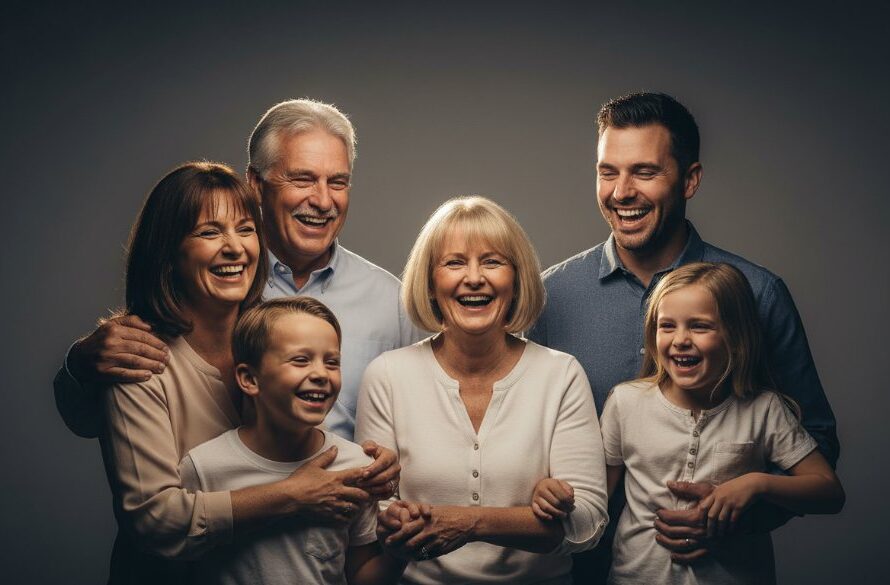 A dramatic, high-contrast studio portrait featuring a family laughing joyfully, expertly lit to capture their genuine connection, epitomizing Hamilton creative studio portraits: Epic moments captured.
