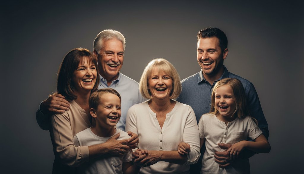 A dramatic, high-contrast studio portrait featuring a family laughing joyfully, expertly lit to capture their genuine connection, epitomizing Hamilton creative studio portraits: Epic moments captured.