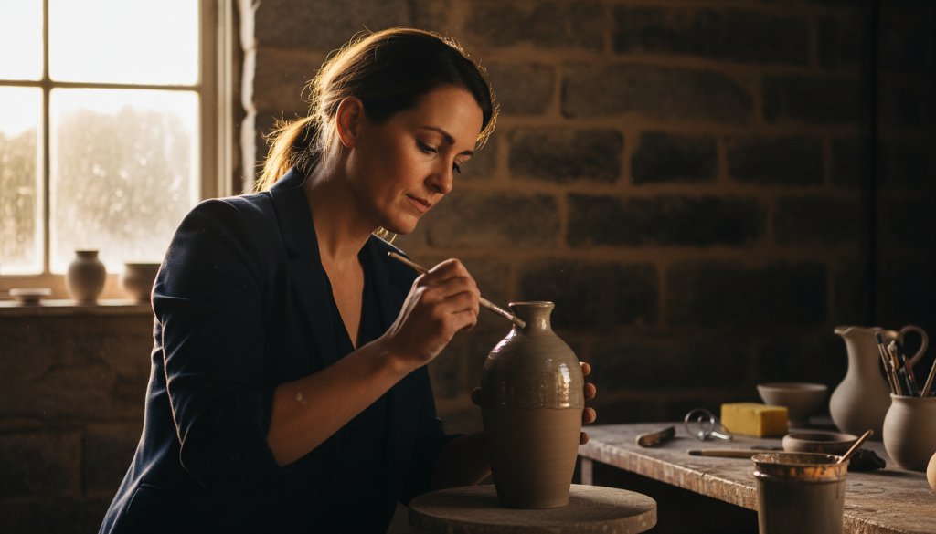 Dramatic overhead shot of a skilled artisan in Hamilton, Victoria, meticulously crafting a unique piece, bathed in golden light, epitomising the essence of Hamilton Victoria artisanal business photography.