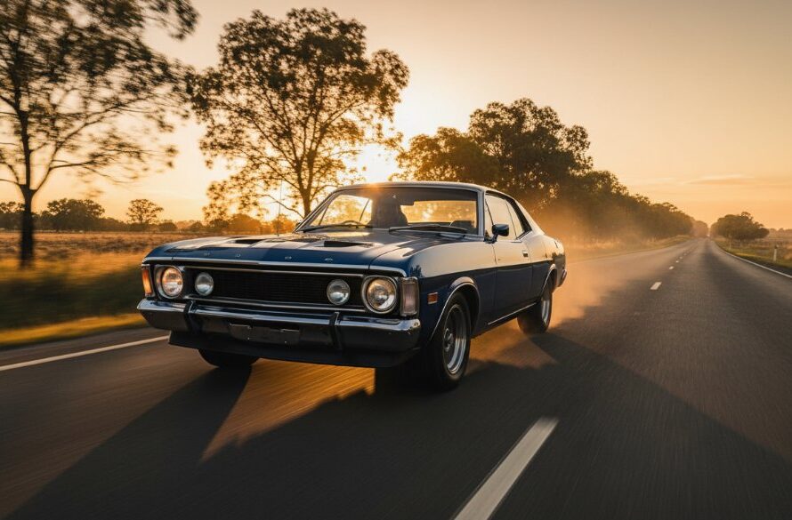 A powerful vintage muscle car, meticulously detailed, speeding along a scenic country road near Hamilton, Victoria, at sunset, capturing the essence of Hamilton Victoria bespoke automotive photography with dramatic golden hour lighting and a dynamic composition that conveys speed and elegance.