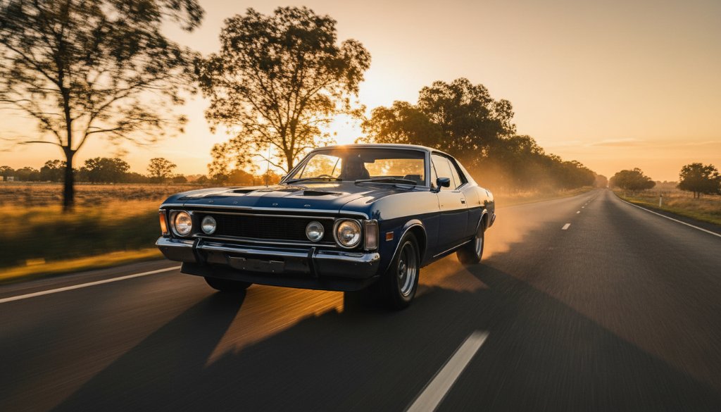 A powerful vintage muscle car, meticulously detailed, speeding along a scenic country road near Hamilton, Victoria, at sunset, capturing the essence of Hamilton Victoria bespoke automotive photography with dramatic golden hour lighting and a dynamic composition that conveys speed and elegance.