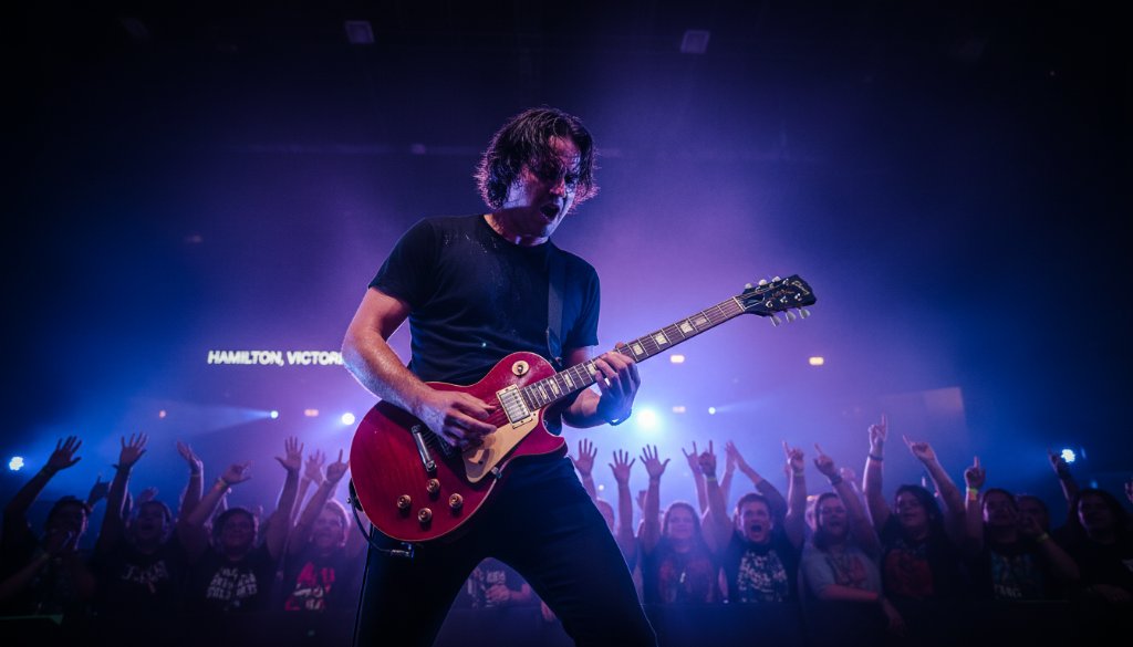 An epic moment of Hamilton Victoria concert photography excellence, featuring a lead singer bathed in dramatic stage lights, passionately performing on stage at a local Hamilton venue.