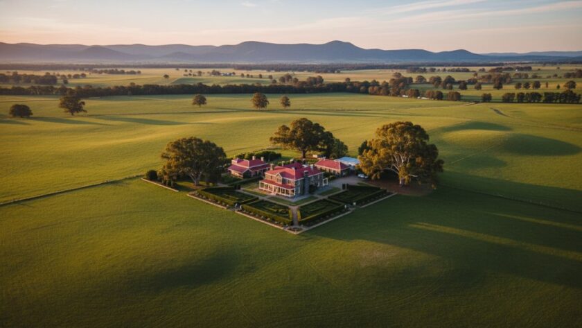 A dramatic aerial shot capturing a historic rural estate near Hamilton, Victoria, at sunrise, showcasing the sprawling vineyards and grand homestead. Hamilton Victoria drone photography rural estate aerials reveals the property's majestic scale.