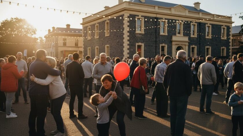 A candid, wide-angle shot of guests laughing heartily during an outdoor reception at the Hamilton Botanic Gardens, bathed in golden hour light, perfectly encapsulating Hamilton Victoria event photography capturing genuine joy.