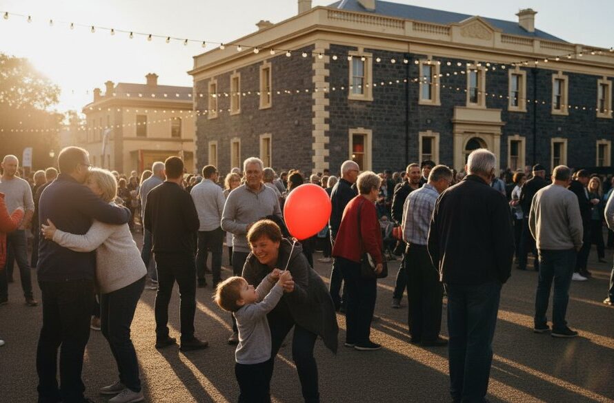 A candid, wide-angle shot of guests laughing heartily during an outdoor reception at the Hamilton Botanic Gardens, bathed in golden hour light, perfectly encapsulating Hamilton Victoria event photography capturing genuine joy.