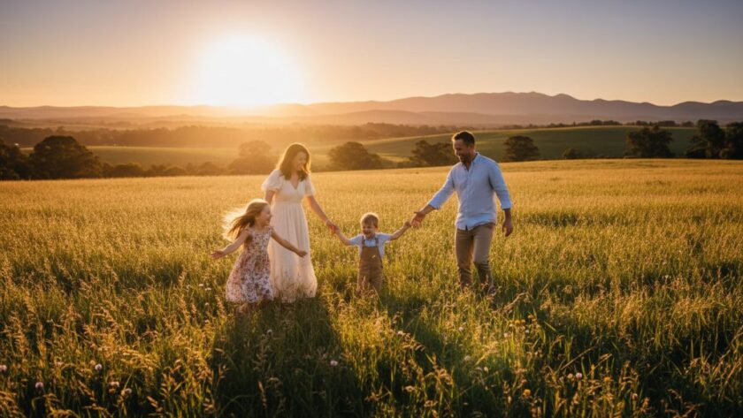 An 'epic moment' photograph of a joyous family, two parents and two children, laughing and embracing at sunset with the rolling Grampians landscape in the background near Hamilton, Victoria, perfectly capturing a Hamilton Victoria family photoshoot capturing timeless moments.