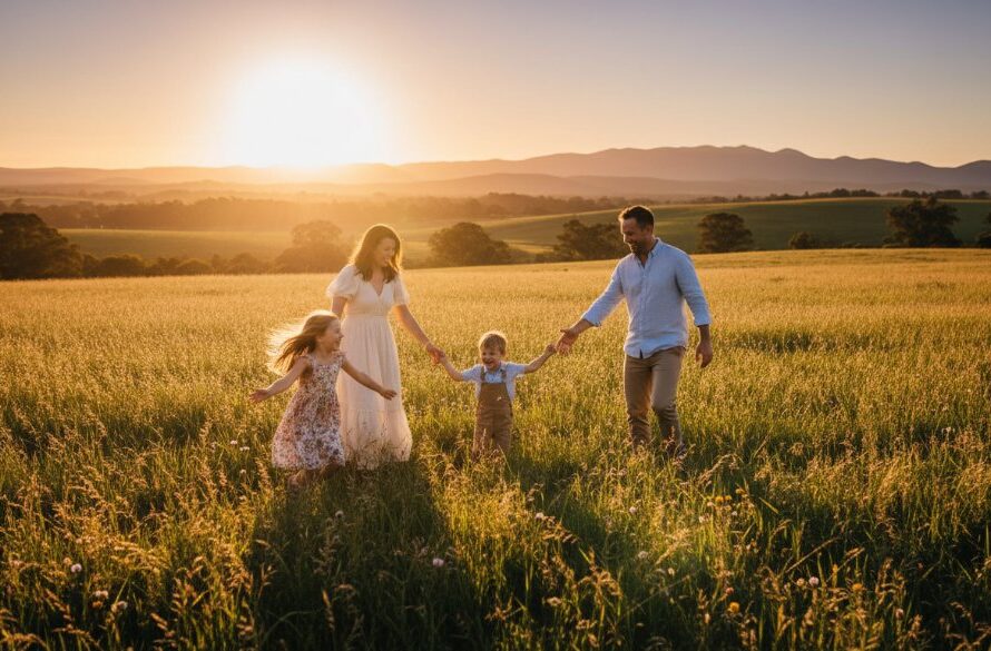 An 'epic moment' photograph of a joyous family, two parents and two children, laughing and embracing at sunset with the rolling Grampians landscape in the background near Hamilton, Victoria, perfectly capturing a Hamilton Victoria family photoshoot capturing timeless moments.