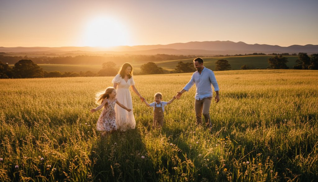 An 'epic moment' photograph of a joyous family, two parents and two children, laughing and embracing at sunset with the rolling Grampians landscape in the background near Hamilton, Victoria, perfectly capturing a Hamilton Victoria family photoshoot capturing timeless moments.