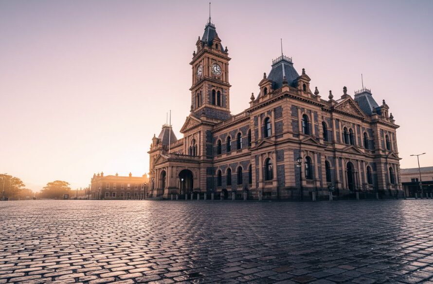An epic, dramatic wide-angle shot of the historic Hamilton Botanic Gardens Gate Lodge at dawn, bathed in golden hour light, showcasing intricate Victorian-era details for a Hamilton Victoria heritage architecture photography portfolio.