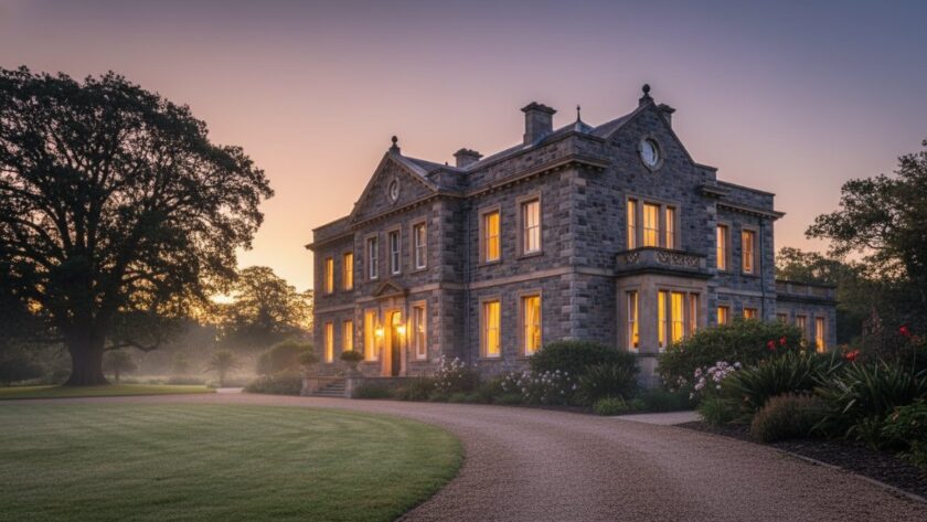 Dramatic, cinematic photograph of a grand, historic bluestone heritage property in Hamilton, Victoria, Australia, at twilight, with warm interior lights glowing, highlighting its architectural elegance and surrounding lush gardens under a star-dusted sky, captured by Hamilton Victoria heritage property photography specialists.