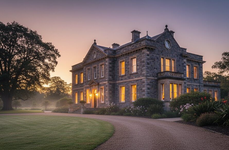 Dramatic, cinematic photograph of a grand, historic bluestone heritage property in Hamilton, Victoria, Australia, at twilight, with warm interior lights glowing, highlighting its architectural elegance and surrounding lush gardens under a star-dusted sky, captured by Hamilton Victoria heritage property photography specialists.