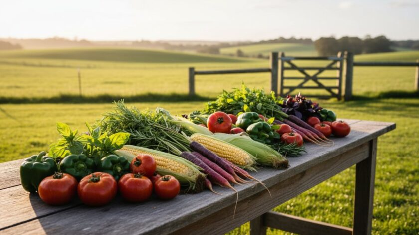 An epic moment of a farmer's hands carefully arranging vibrant, freshly picked organic vegetables and fruits on a rustic wooden table, bathed in golden hour light on a Hamilton, Victoria farm, showcasing stunning Hamilton Victoria local produce product photography.