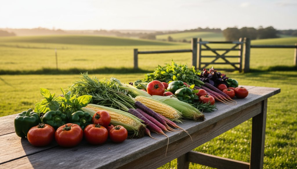 An epic moment of a farmer's hands carefully arranging vibrant, freshly picked organic vegetables and fruits on a rustic wooden table, bathed in golden hour light on a Hamilton, Victoria farm, showcasing stunning Hamilton Victoria local produce product photography.