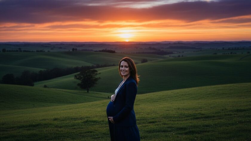 A stunning 'epic moment' photograph by a Hamilton Victoria maternity photographer scenic outdoor shoot, featuring an expectant mother silhouetted against a dramatic sunset over rolling hills near Hamilton, capturing her glowing silhouette and the expansive beauty of the Victorian landscape.