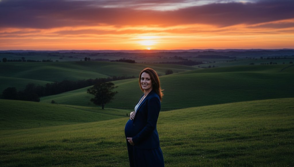 A stunning 'epic moment' photograph by a Hamilton Victoria maternity photographer scenic outdoor shoot, featuring an expectant mother silhouetted against a dramatic sunset over rolling hills near Hamilton, capturing her glowing silhouette and the expansive beauty of the Victorian landscape.