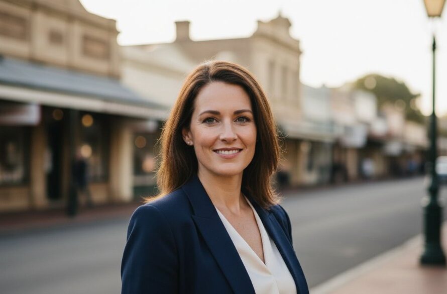 A dramatic, cinematic professional headshot of an executive in Hamilton, Victoria, silhouetted against a setting sun over the Grange Burn, capturing their confident gaze and ambition, embodying Hamilton Victoria professional headshots for career advancement.