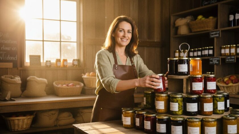 A dynamic, wide-angle shot of a local artisanal cheese maker in Hamilton, Victoria, proudly presenting their award-winning cheese on a rustic wooden board, bathed in warm, natural light filtering through a window, encapsulating authentic Hamilton Victoria regional brand photography.