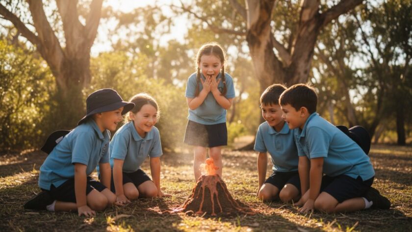 A vibrant, wide-angle shot capturing Hamilton Victoria school photography genuine smiles as a group of primary school children burst into laughter during an outdoor activity, with the lush, green landscape of Hamilton in the background, bathed in golden hour light, showing genuine, unposed joy.